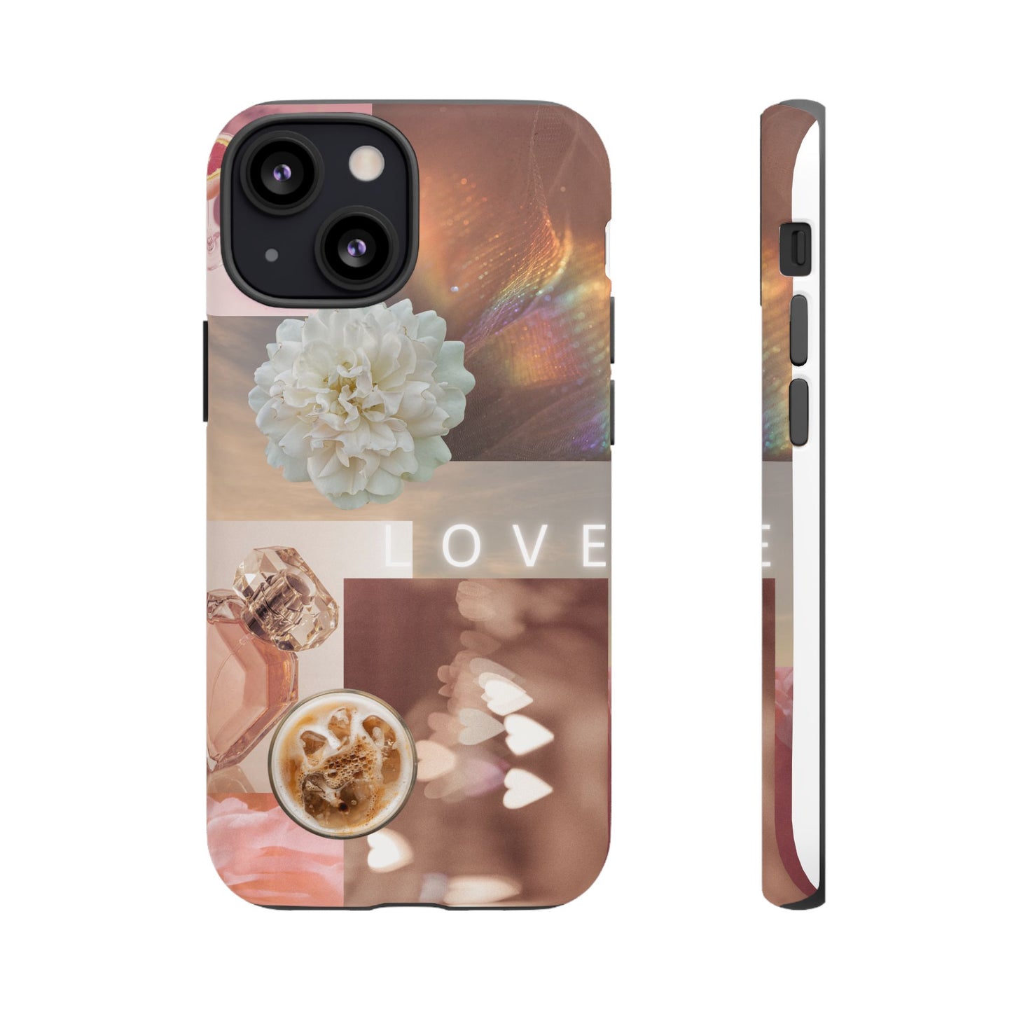 Romantic Collage Phone Case — 'LOVE' Floral, Coffee & Perfume Aesthetic