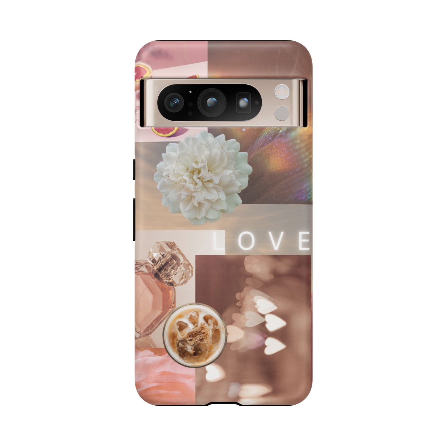Romantic Collage Phone Case — 'LOVE' Floral, Coffee & Perfume Aesthetic
