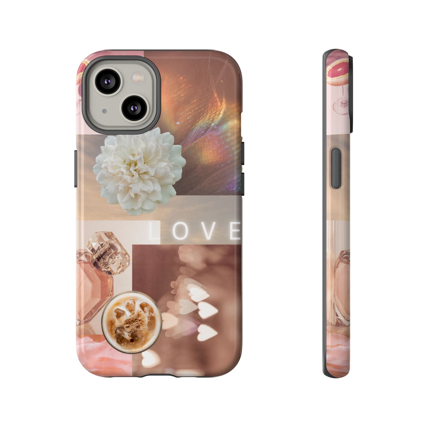 Romantic Collage Phone Case — 'LOVE' Floral, Coffee & Perfume Aesthetic