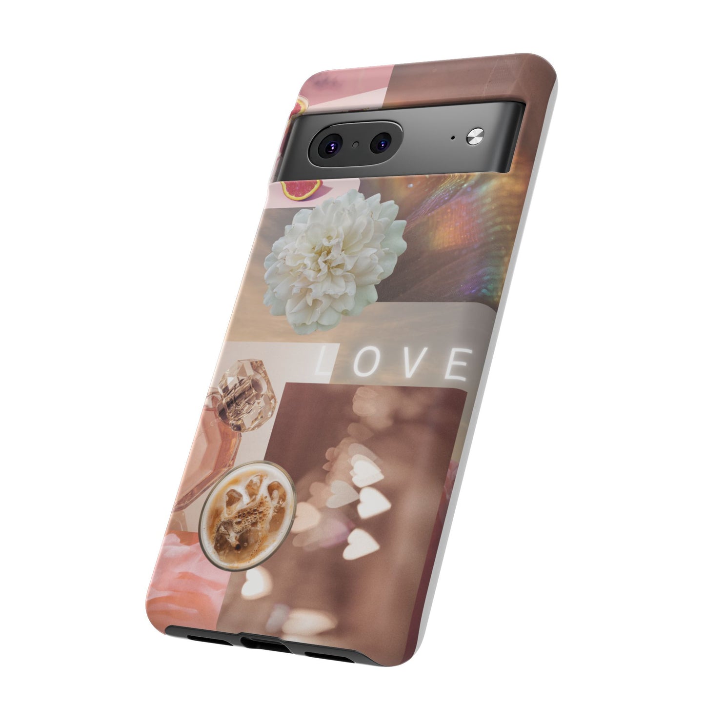 Romantic Collage Phone Case — 'LOVE' Floral, Coffee & Perfume Aesthetic