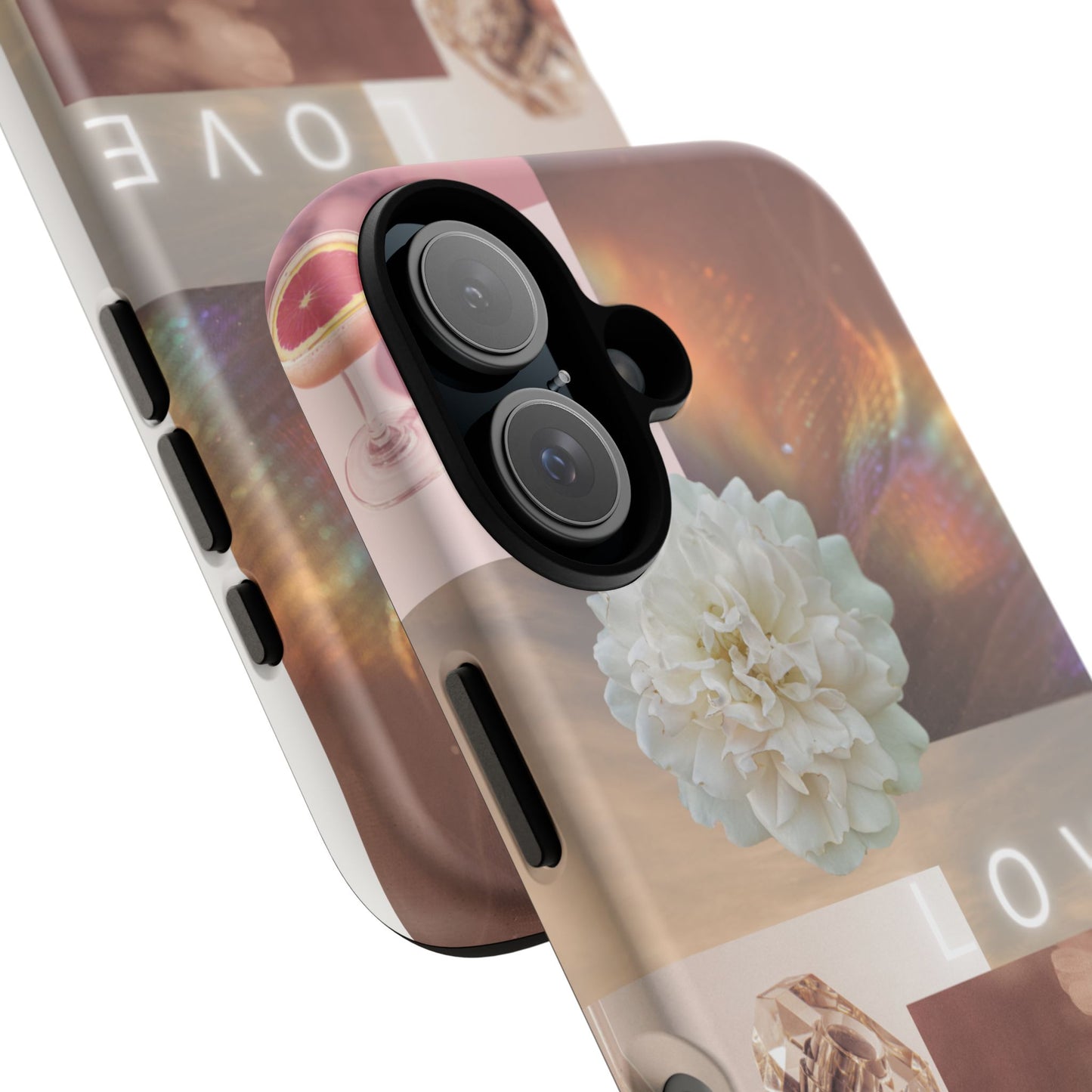 Romantic Collage Phone Case — 'LOVE' Floral, Coffee & Perfume Aesthetic