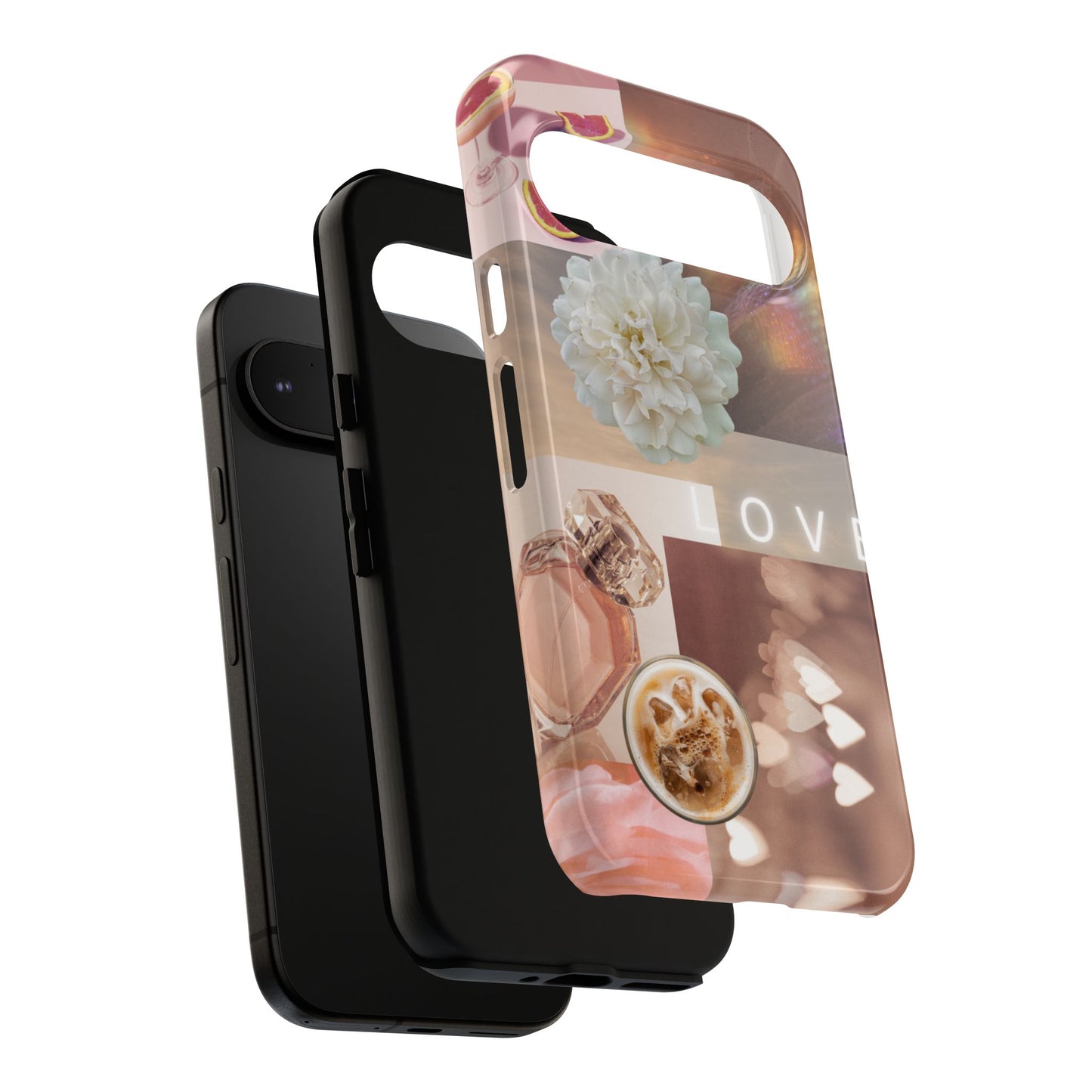 Romantic Collage Phone Case — 'LOVE' Floral, Coffee & Perfume Aesthetic