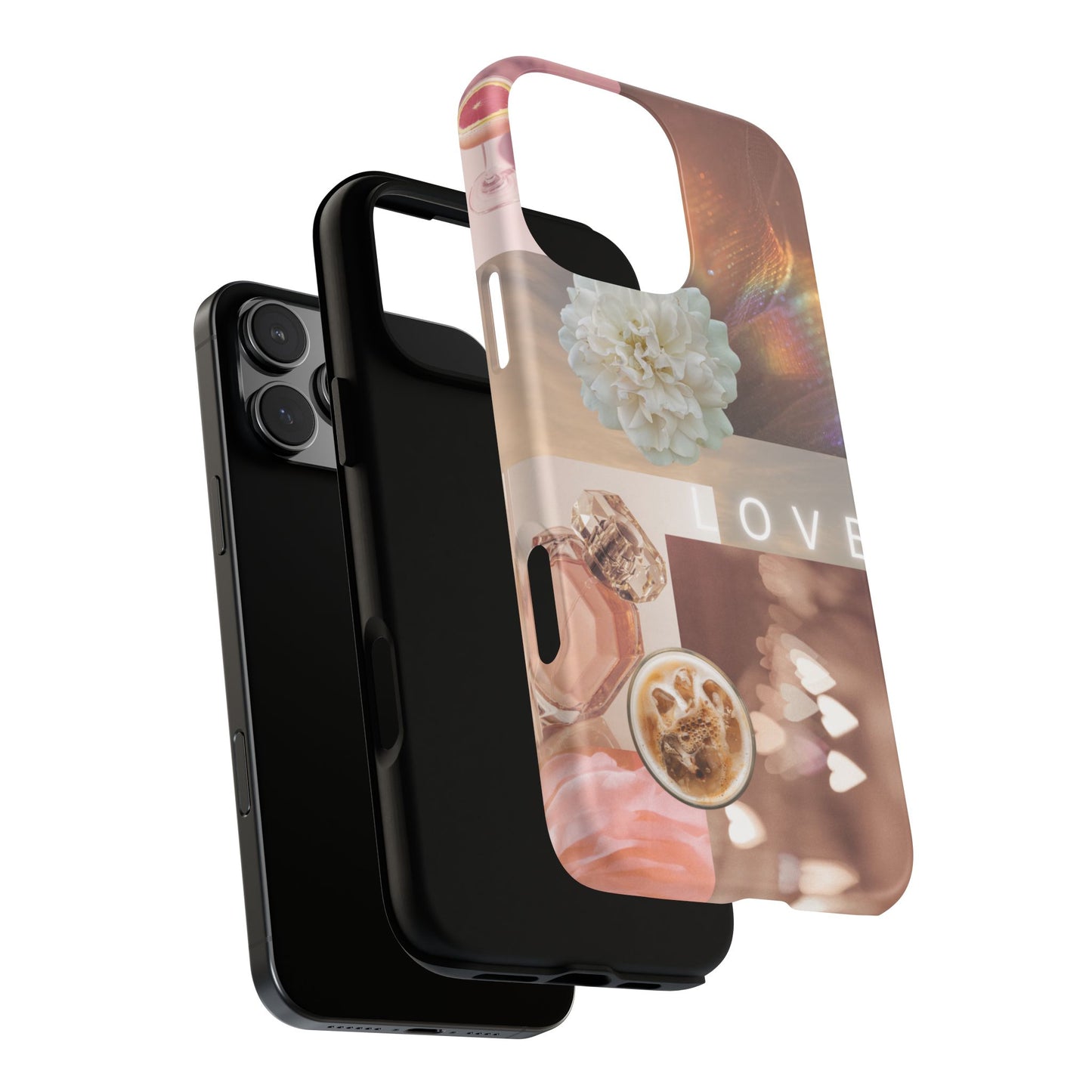 Romantic Collage Phone Case — 'LOVE' Floral, Coffee & Perfume Aesthetic
