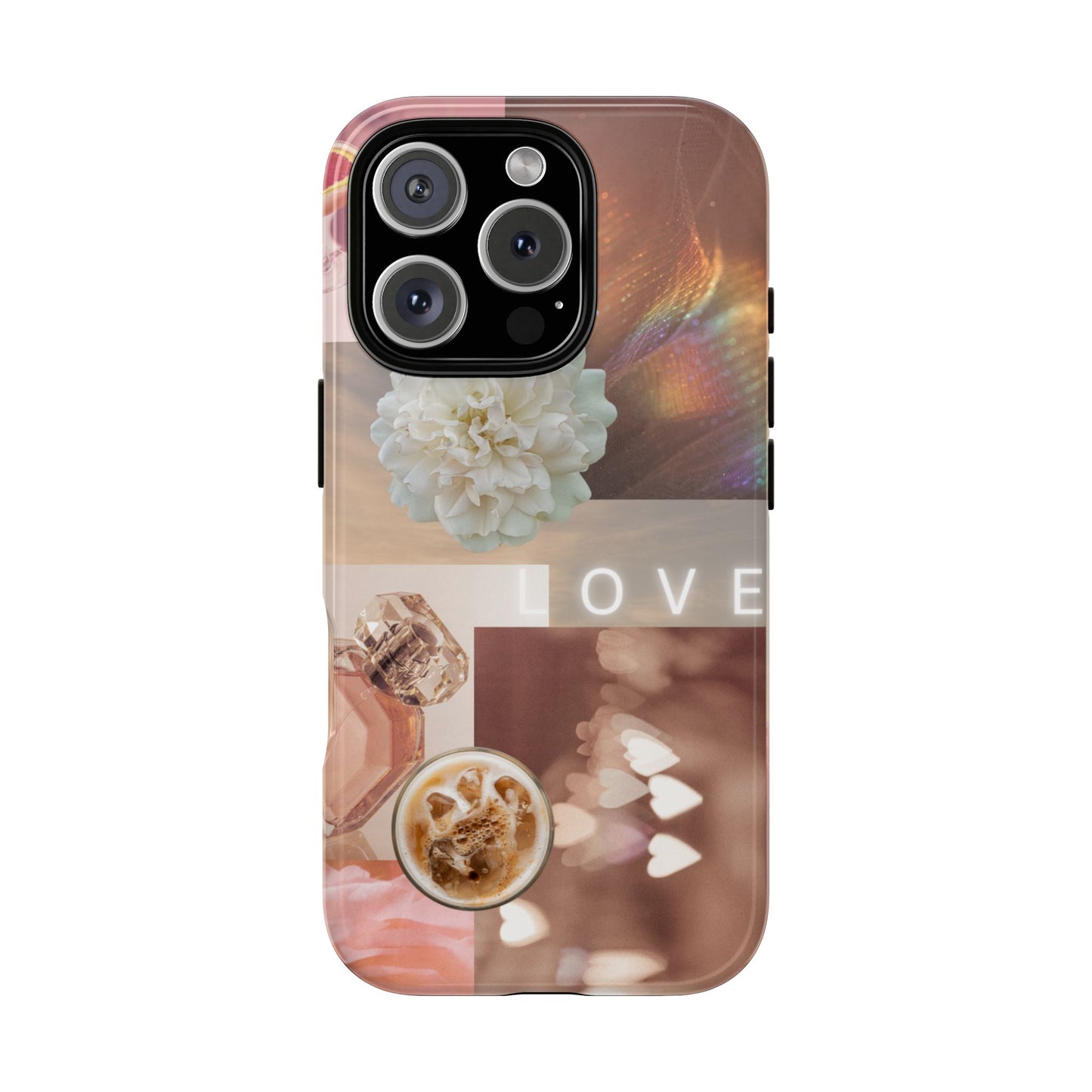 Romantic Collage Phone Case — 'LOVE' Floral, Coffee & Perfume Aesthetic