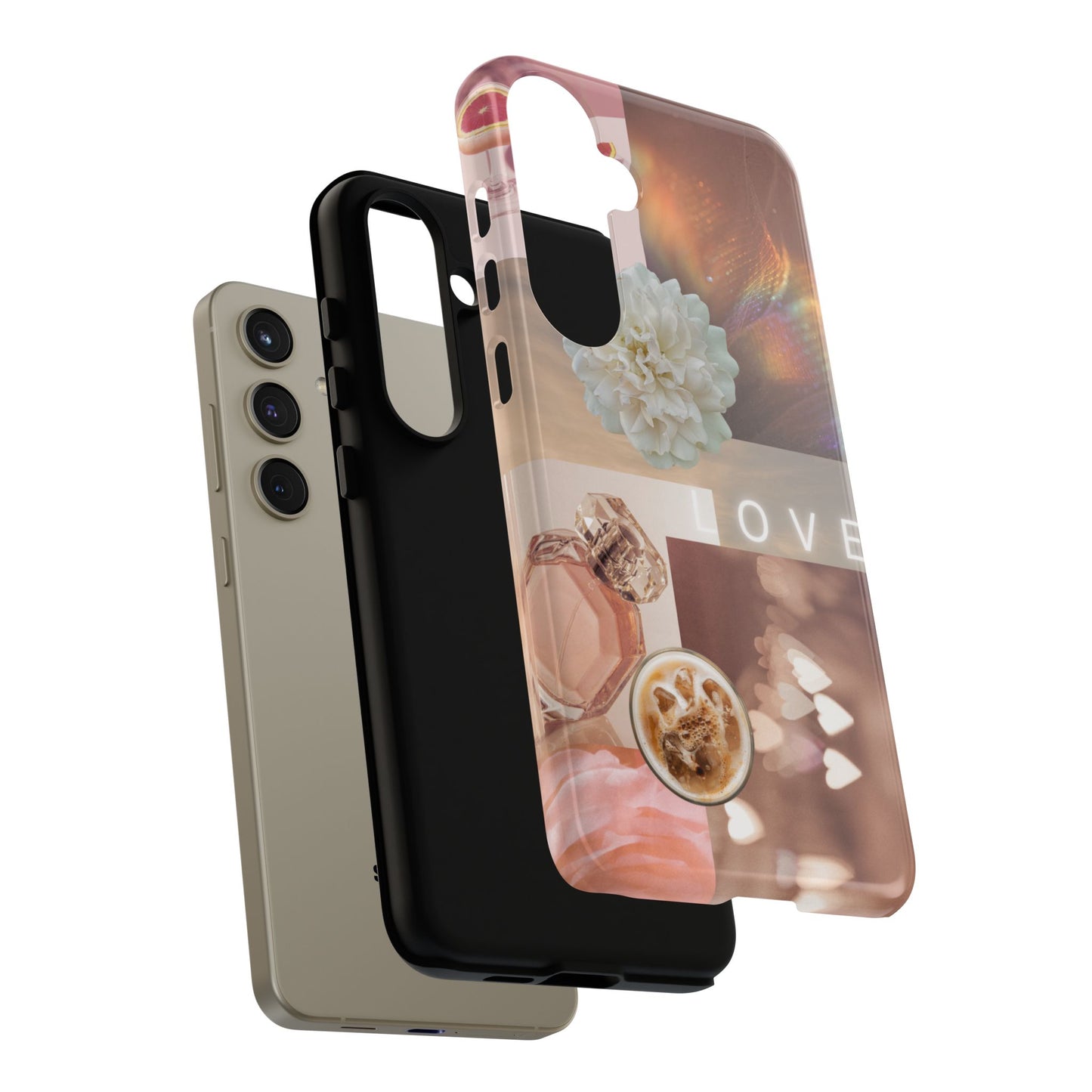 Romantic Collage Phone Case — 'LOVE' Floral, Coffee & Perfume Aesthetic