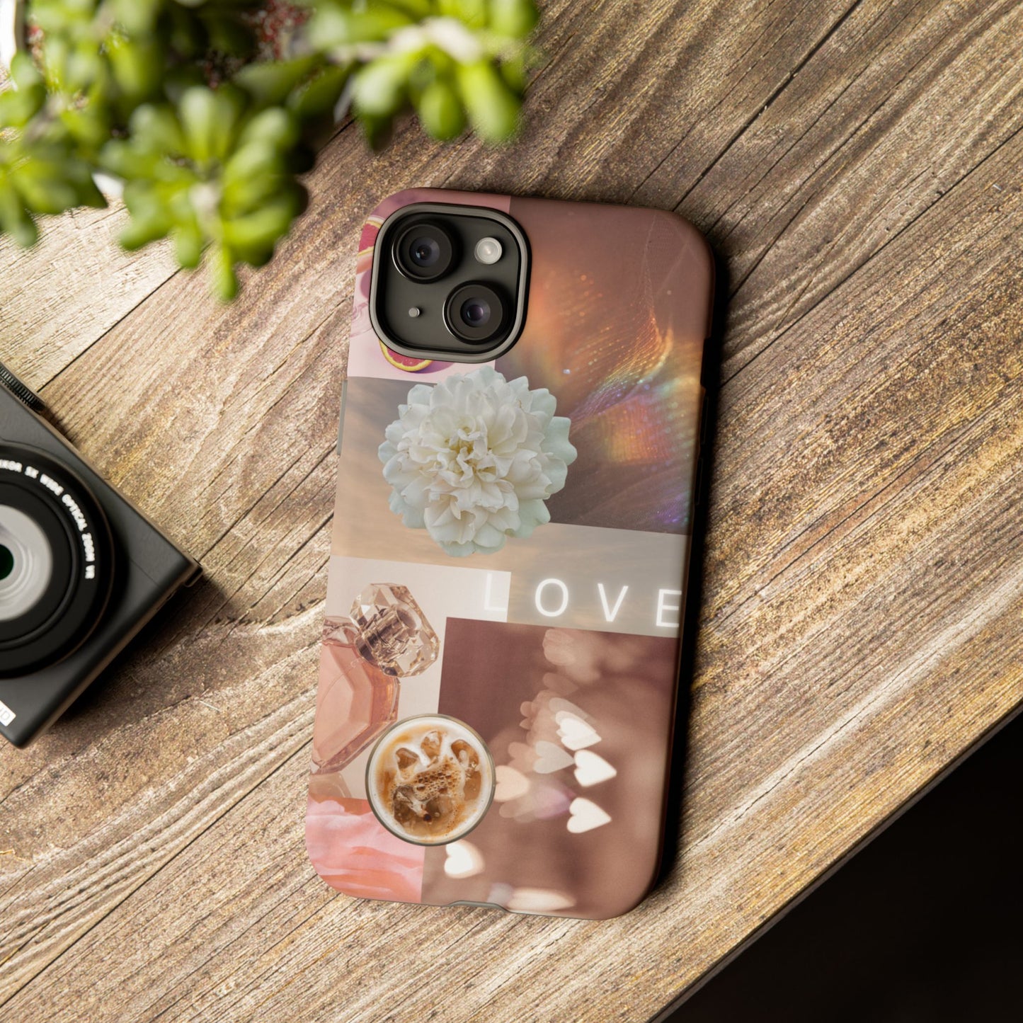 Romantic Collage Phone Case — 'LOVE' Floral, Coffee & Perfume Aesthetic