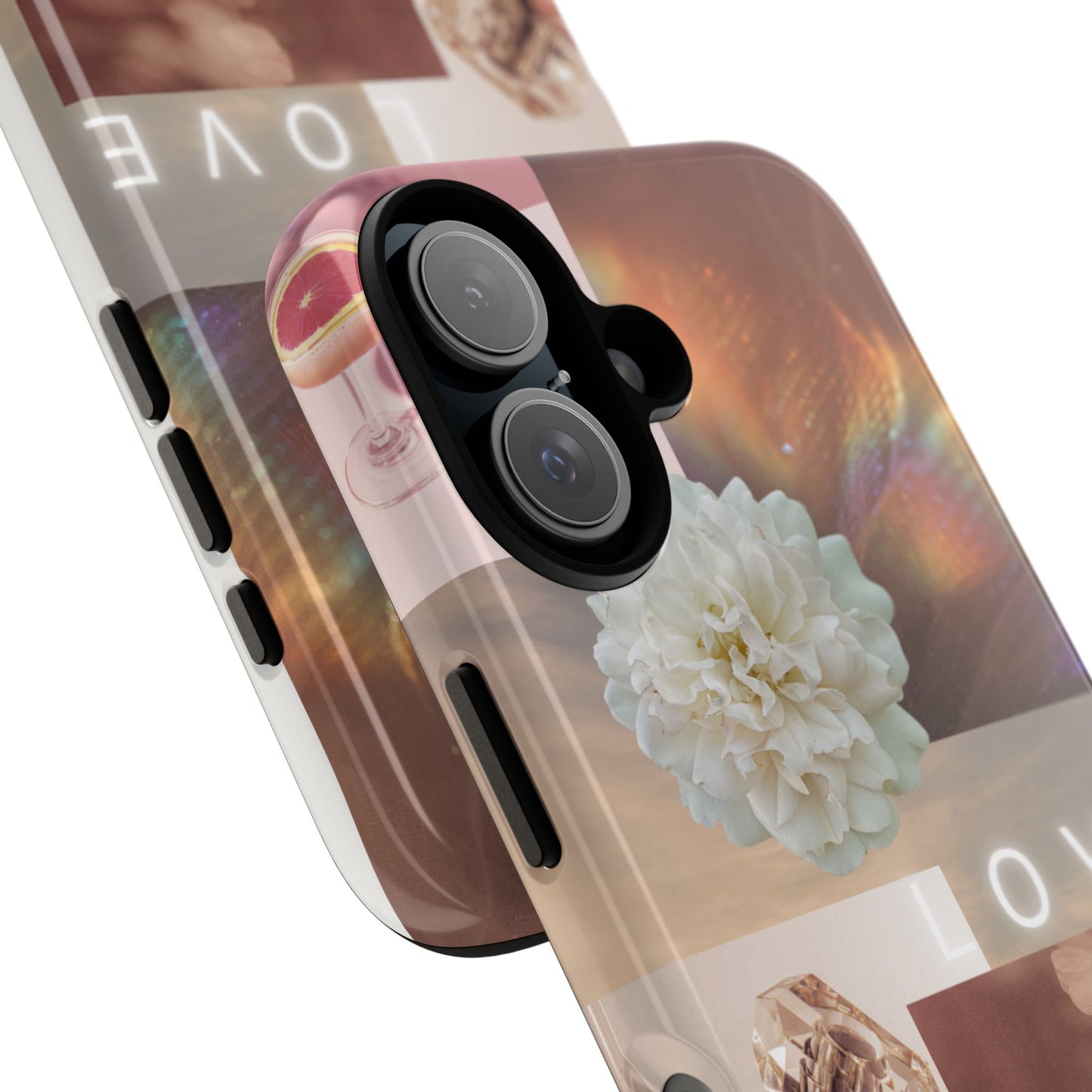 Romantic Collage Phone Case — 'LOVE' Floral, Coffee & Perfume Aesthetic