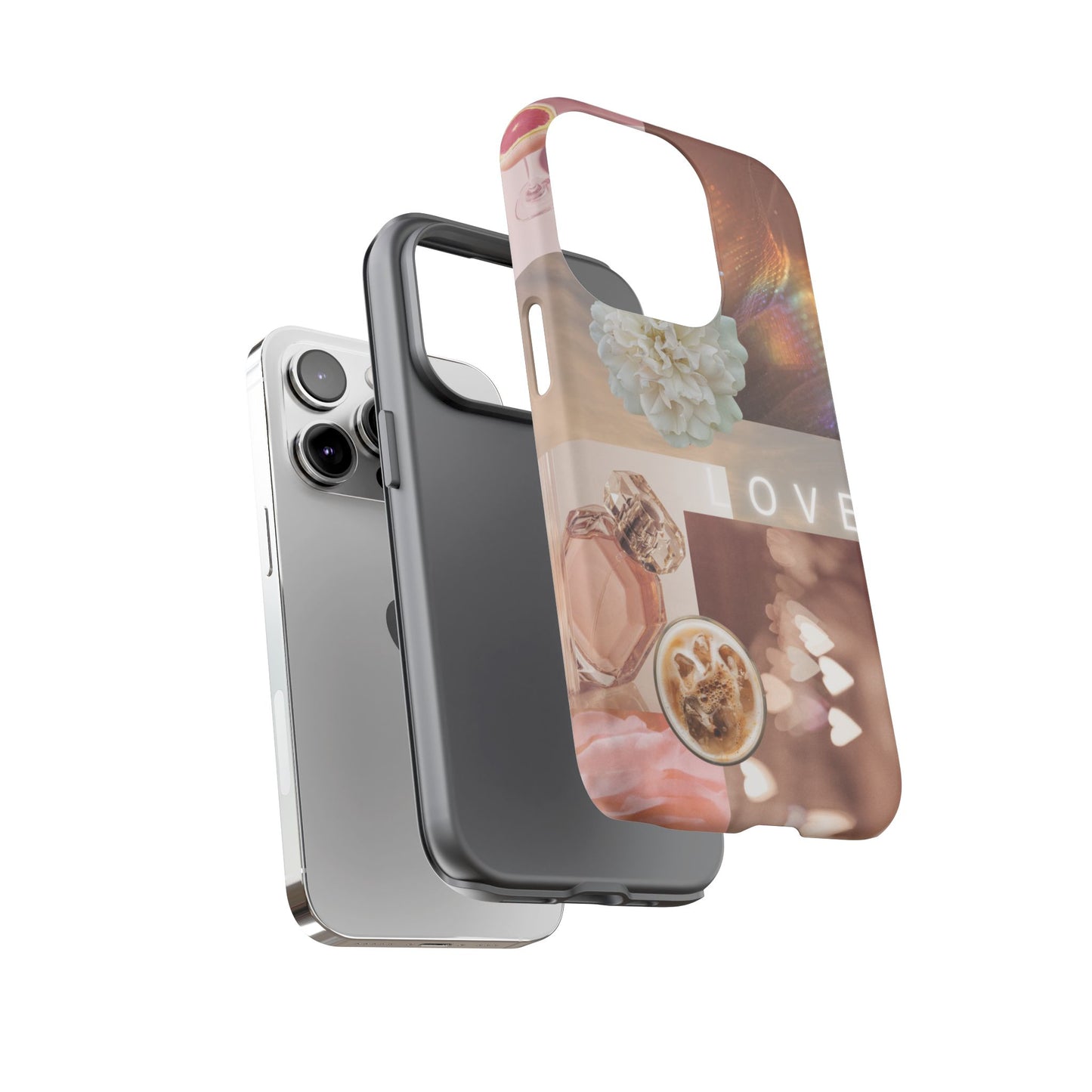 Romantic Collage Phone Case — 'LOVE' Floral, Coffee & Perfume Aesthetic