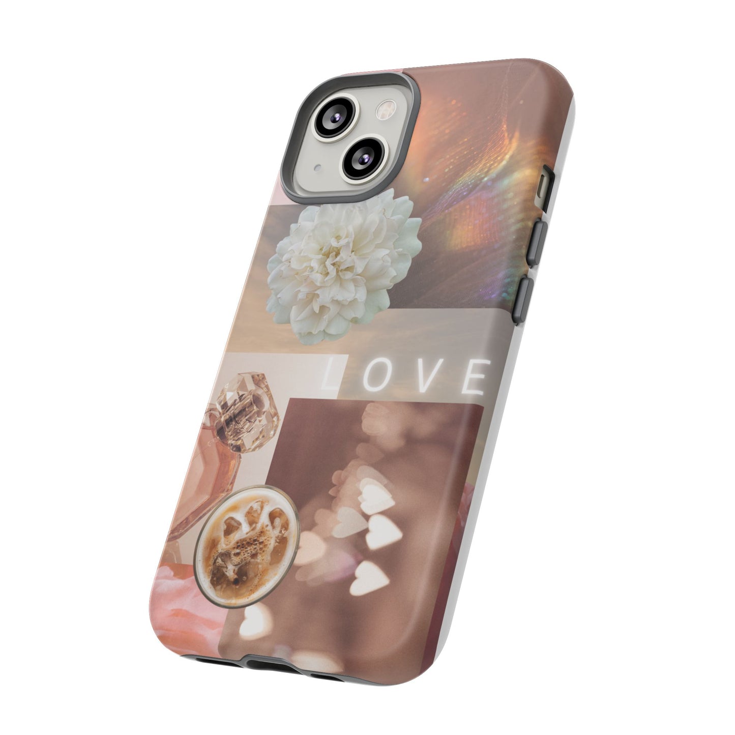 Romantic Collage Phone Case — 'LOVE' Floral, Coffee & Perfume Aesthetic