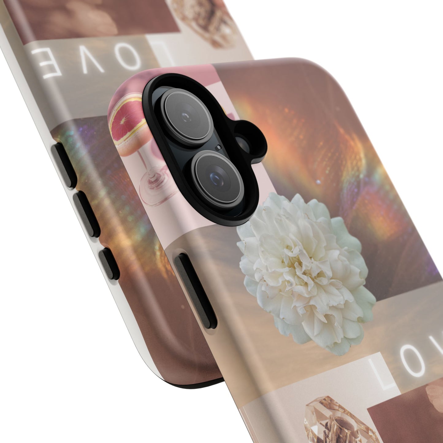 Romantic Collage Phone Case — 'LOVE' Floral, Coffee & Perfume Aesthetic