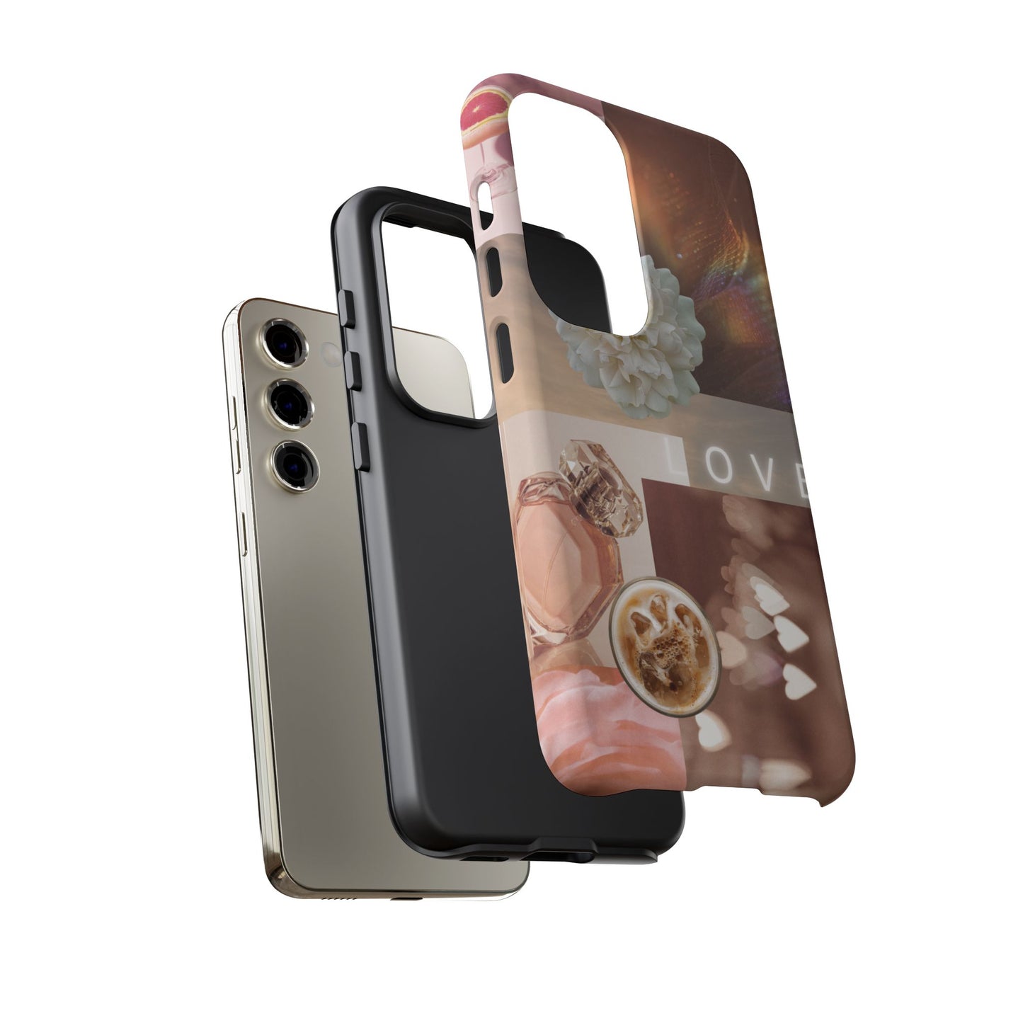 Romantic Collage Phone Case — 'LOVE' Floral, Coffee & Perfume Aesthetic