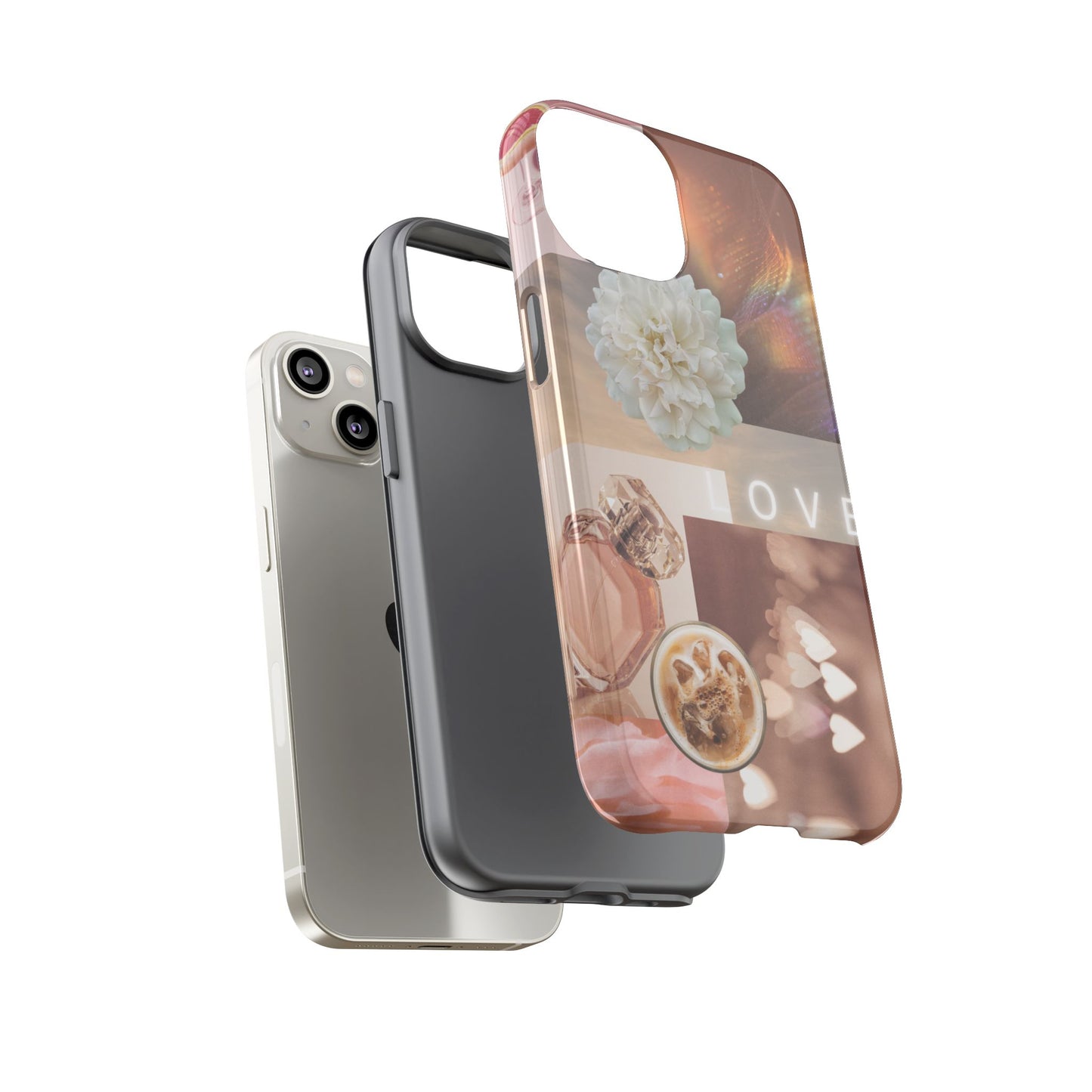 Romantic Collage Phone Case — 'LOVE' Floral, Coffee & Perfume Aesthetic