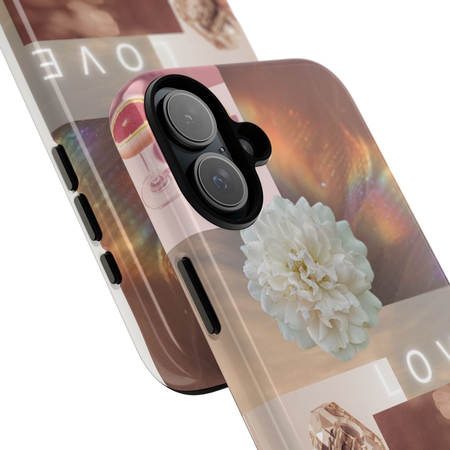 Romantic Collage Phone Case — 'LOVE' Floral, Coffee & Perfume Aesthetic